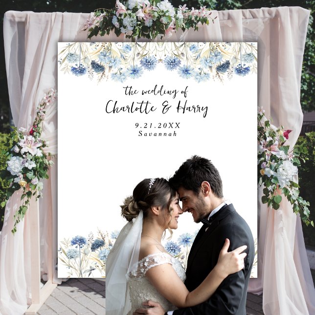 Modern Blue Wildflowers Wedding Photo  Backdrop (Creator Uploaded)