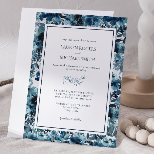 Modern Blue Winter Botanical Watercolor Wedding Invitation