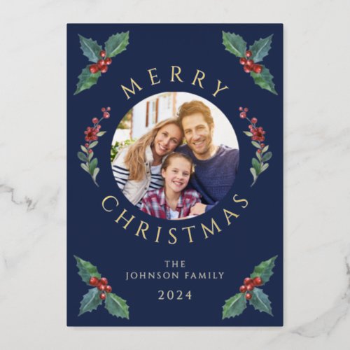 Modern Blue Winter Greenery Christmas Gold Foil Holiday Card