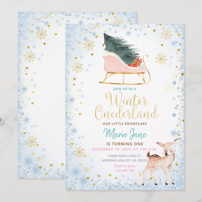 Modern Blue Winter Onederland Birthday Invitation (Front/Back)