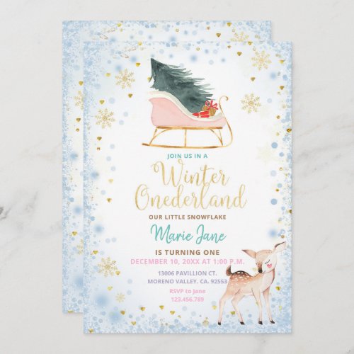 Modern Blue Winter Onederland Birthday Invitation