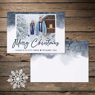 Modern Blue Winter Sky Merry Christmas Letterpress Photo Cards