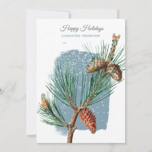 Modern Blue Winter Snow Pine Cone Christmas Holiday Card