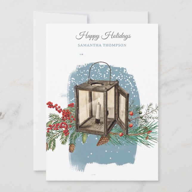 Modern Blue Winter Snow Pine Lantern Christmas Holiday Card (Front)