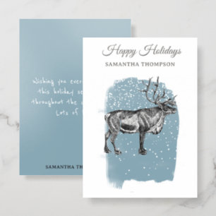 Modern Blue Winter Snow Vintage Christmas Reindeer Letterpress Photo Cards