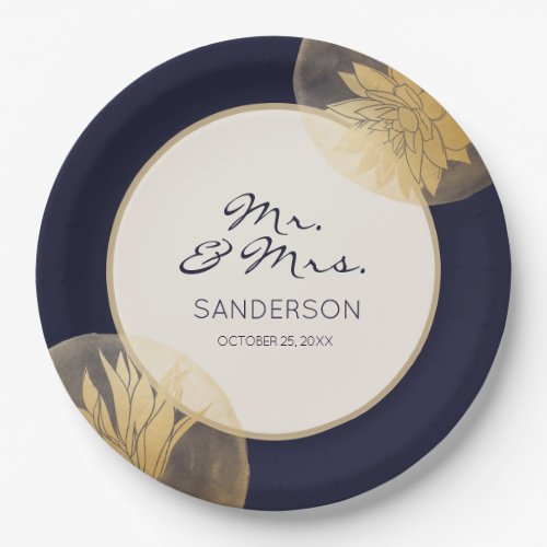 Modern Blue  with  Gold Succulents Wedding Paper Plates