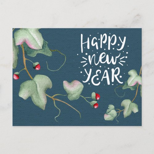 Modern Blue With Ivy  Red Berrie Happy New Year Holiday Postcard