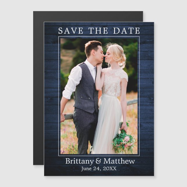 Modern Blue Wood Print Magnetic Save the Date (Front/Back)