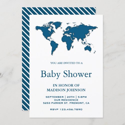 Modern Blue World Map Baby Shower Invitation