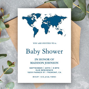 Modern Blue World Map Baby Shower Invitation