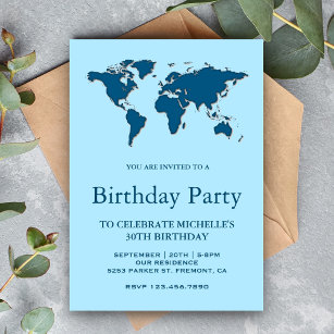 Modern Blue World Map Birthday Party Invitation
