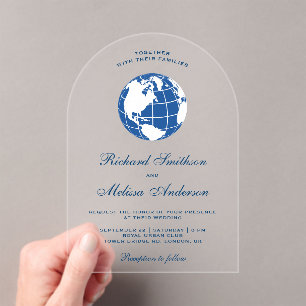 Modern Blue World Map Globe Wedding Acrylic Invitations