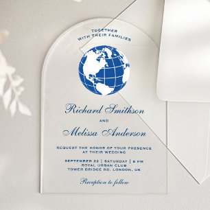 Modern Blue World Map Globe Wedding Acrylic Invitations