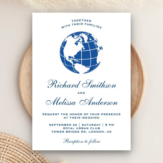 Modern Blue World Map Globe Wedding Invitation (Creator Uploaded)
