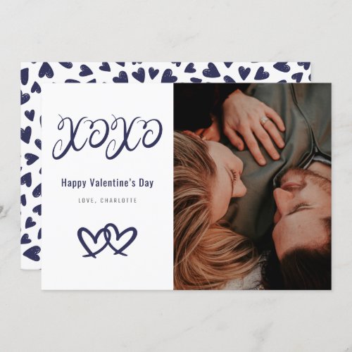 Modern Blue XOXO Hearts Photo Valentines Day Card