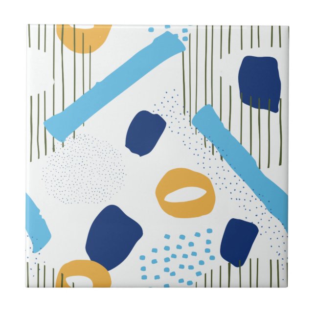 Modern Blue Yellow Abstract Geometric Retro Design Ceramic Tile (Front)