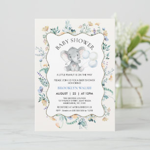 Modern Blue Yellow Floral Elephant Baby Shower Invitation