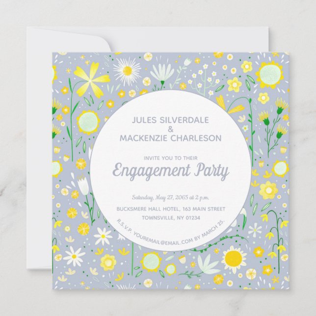 Modern Blue Yellow Floral Engagement Party Invitation (Front)