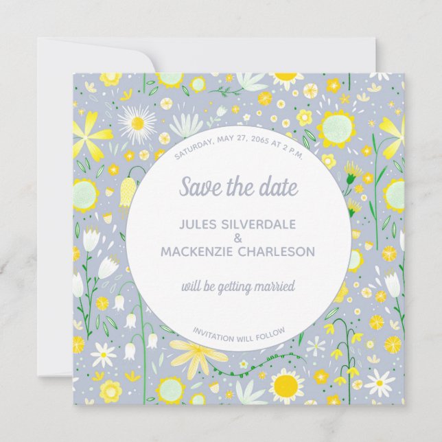 Modern Blue Yellow Floral  Save The Date (Front)