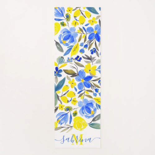 Modern blue yellow floral watercolor monogrammed yoga mat