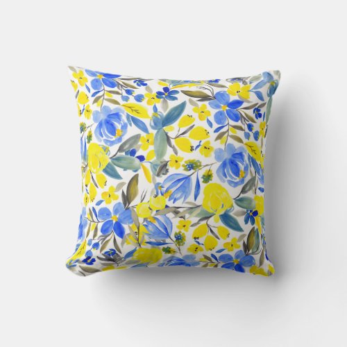 Modern blue yellow floral watercolor pattern throw pillow