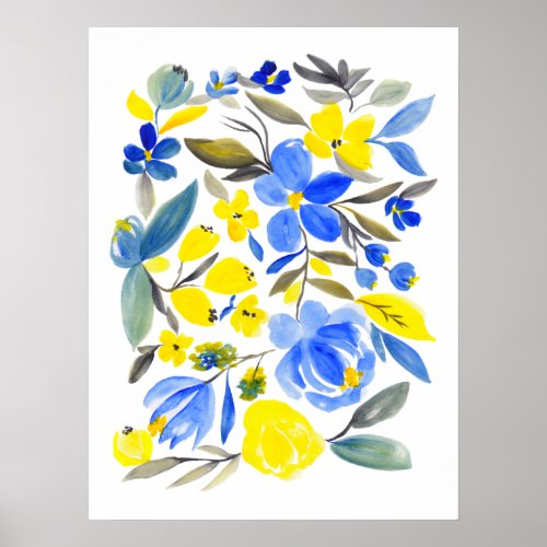 Modern blue yellow floral watercolor poster