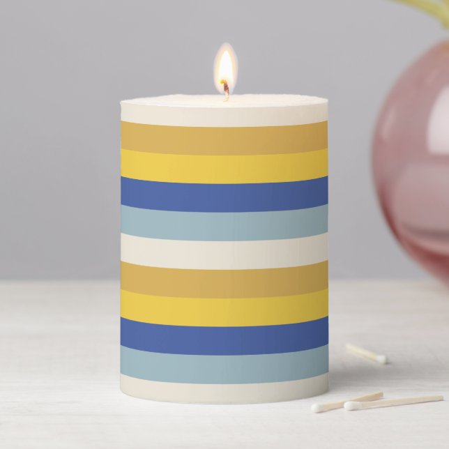 Modern blue yellow gold cream stripes Hanukkah Pillar Candle (In Situ)