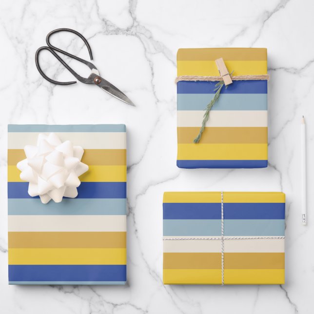 Modern blue yellow gold cream stripes Hanukkah Wrapping Paper Sheets (Front)