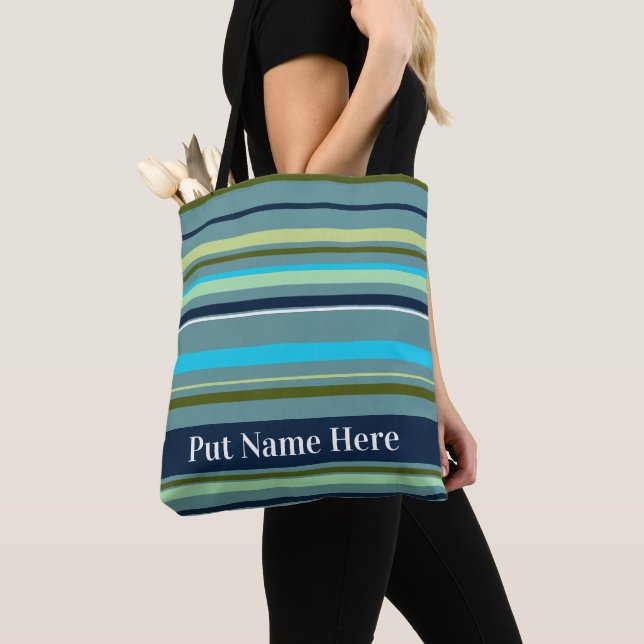 Modern Blue Yellow Green Stripes Abstract Tote Bag (Close Up)