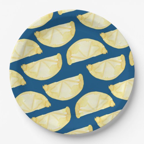 Modern Blue Yellow Lemon Print Paper Plates