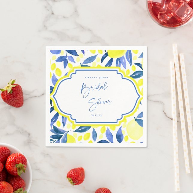 Modern Blue Yellow Lemons Bridal Shower  Napkins (Insitu)