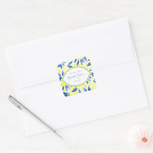 Modern Blue Yellow Lemons Bridal Shower Square Sticker