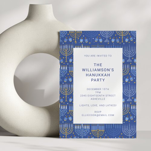 Modern Blue Yellow Menorah Hanukkah Party Invitation