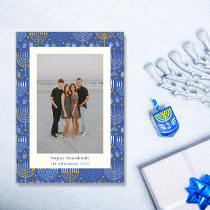 Modern Blue Yellow Menorah Hanukkah Two Photo Holiday Card