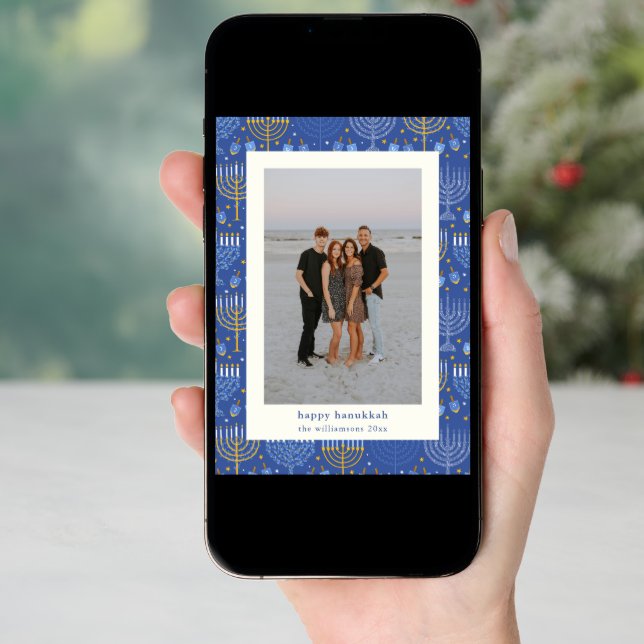 Modern Blue Yellow Menorah Hanukkah Two Photo Holiday Card (Front Digital)