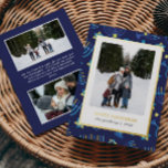 Modern Blue Yellow Menorah Stars 3 Photos Hanukkah Foil Holiday Card<br><div class="desc">Celebrate Hanukkah in style with this modern photo card featuring a chic menorah and star pattern in timeless blue tones. Accented with real gold foil for a festive, elegant touch. The front showcases your favorite vertical family or couple photo in a clean white frame. The back includes space for two...</div>