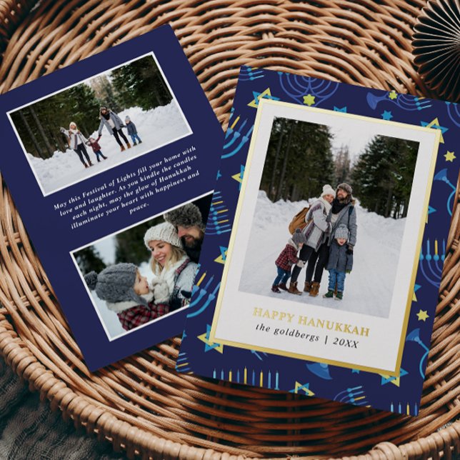 Modern Blue Yellow Menorah Stars 3 Photos Hanukkah Foil Holiday Card (Creator Uploaded)