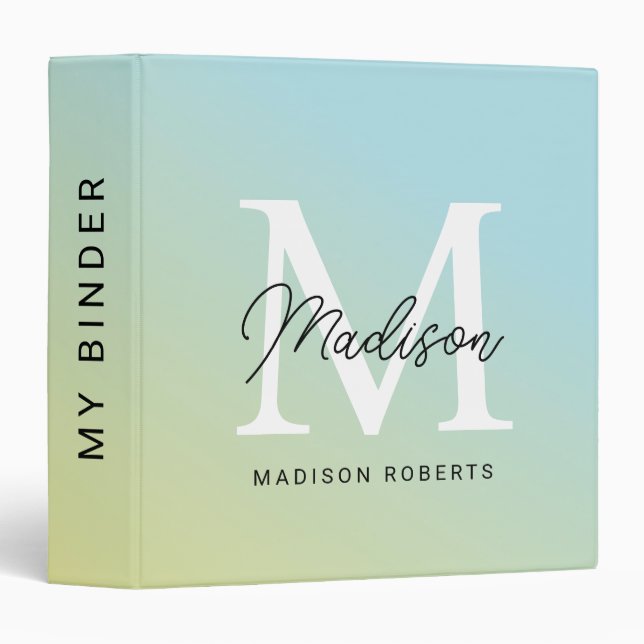 Modern Blue Yellow Monogram Name  3 Ring Binder (Front/Spine)