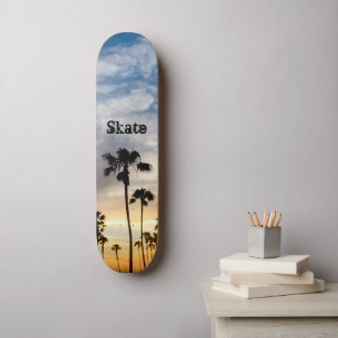 Modern Blue Yellow Personalized Palm Tree Sunset Skateboard
