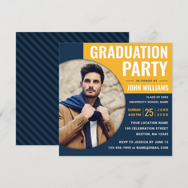 Modern Blue Yellow | Photo Graduation Party Invitation (Front/Back)