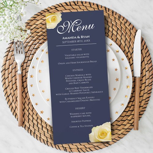 Modern Blue Yellow Rose Floral Wedding Menu