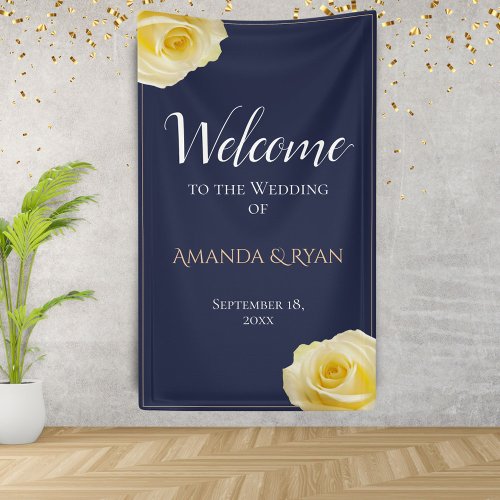 Modern Blue Yellow Roses Floral Wedding Welcome Banner