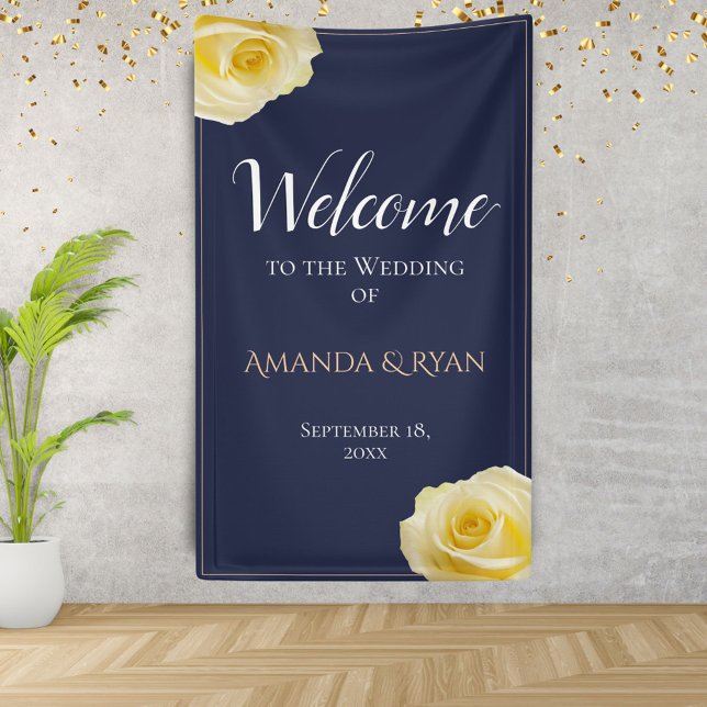 Modern Blue Yellow Roses Floral Wedding Welcome Banner (Creator Uploaded)