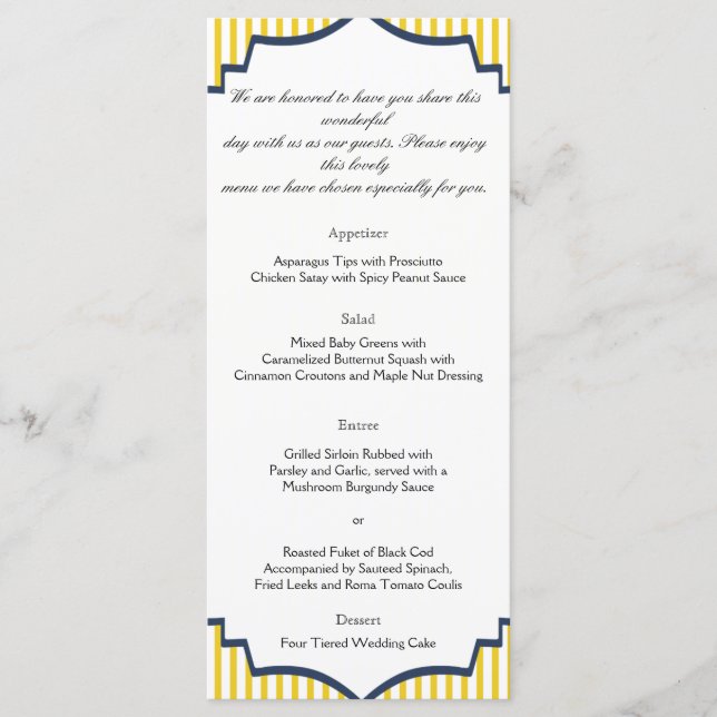 Modern Blue Yellow Stripe Wedding Menu (Front)