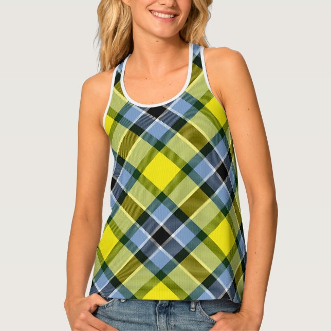 Modern Blue & Yellow Tartan Plaid Pattern Tank Top (Front)