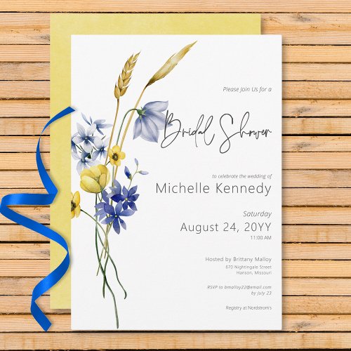 Modern Blue  Yellow Wildflowers Bridal Shower Invitation