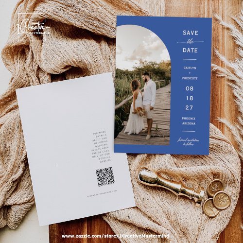 Modern Blue Yonder Arc Photo QR Code Save the Date Invitation