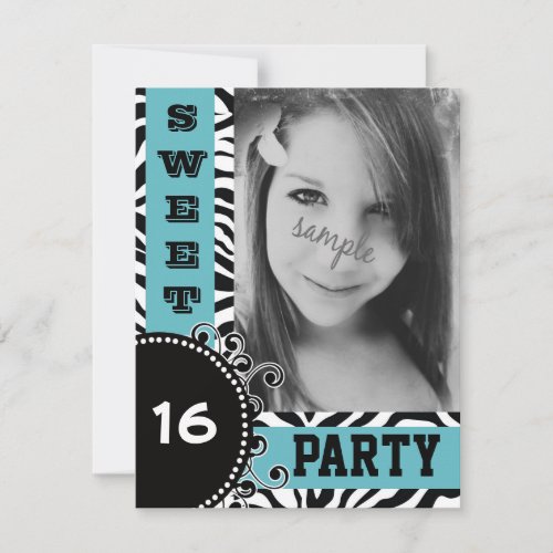 Modern Blue Zebra  Sweet 16 Birthday  Party Personalized Announcements