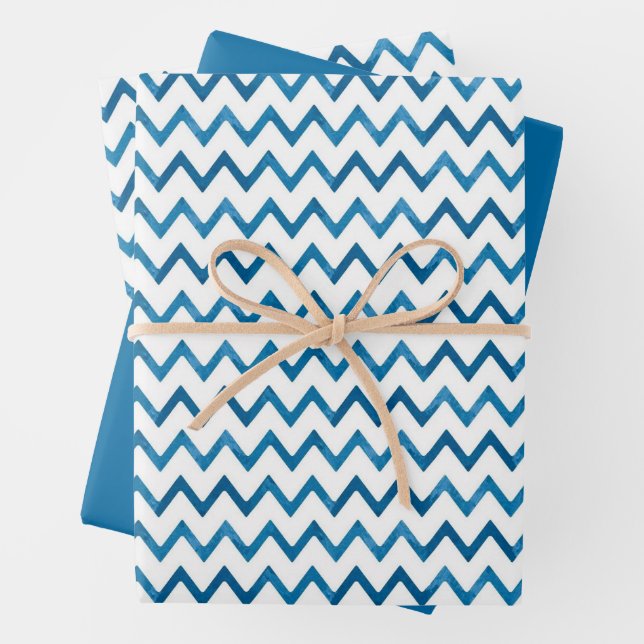 Modern Blue Zigzag Striped Gift Christmas Wrapping Paper Sheets (In situ)