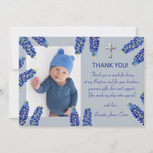 Modern Bluebonnets Dusty Blue Cross Boy Baptism Thank You Card